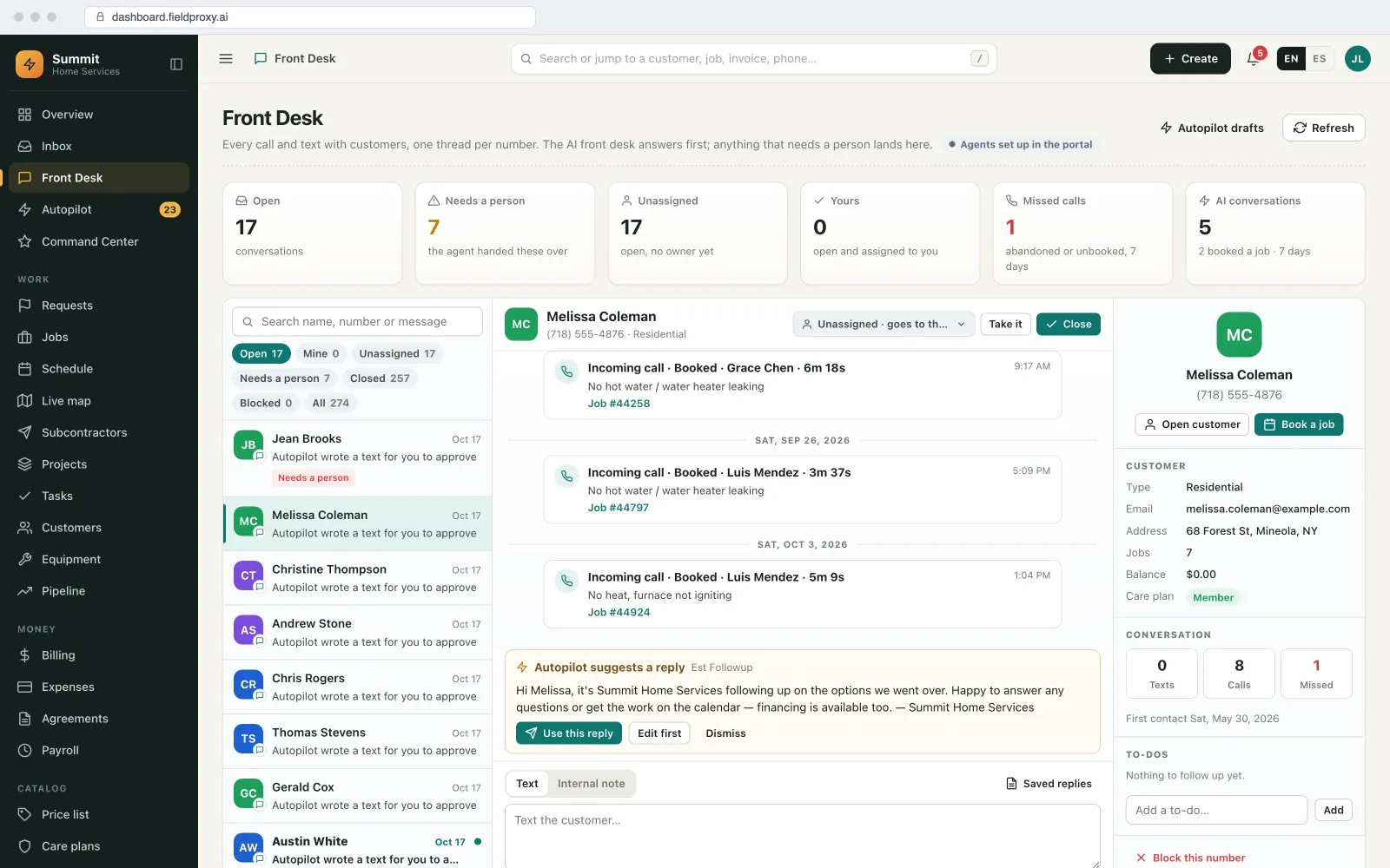 Front Desk inbox with a customer thread of calls and an Autopilot suggested text reply waiting for the office to use, edit or dismiss