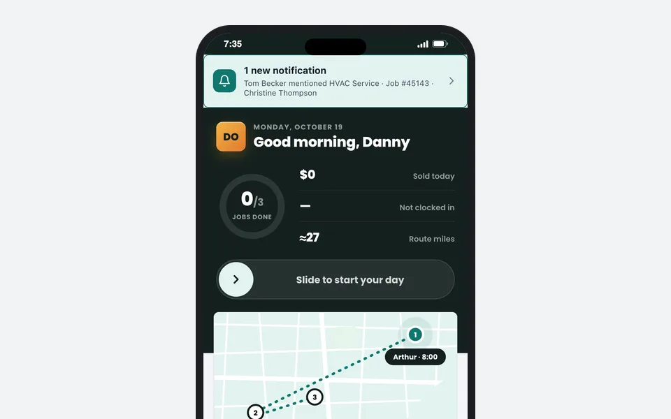 Technician app Today screen with the day's route and next job