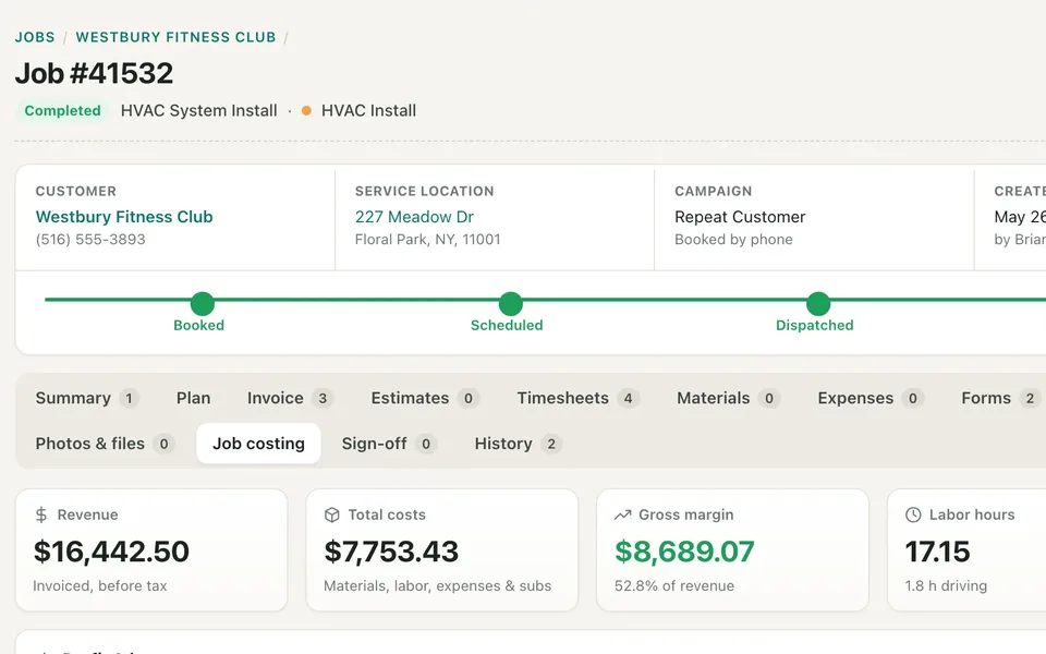 Job page with job costing: revenue, costs, gross margin and labor hours