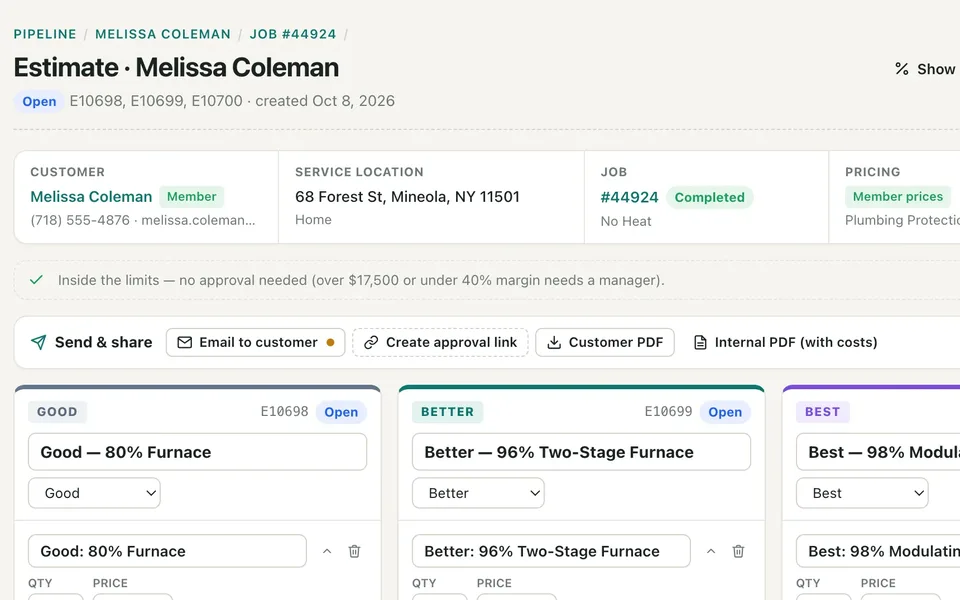 Estimate with good, better and best options side by side