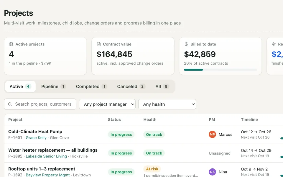 Projects list with contract value, billed to date, health and progress
